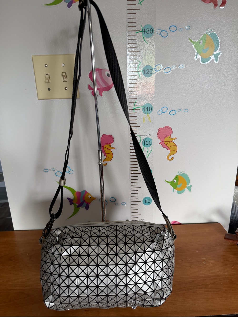 Issey Miyake Silver Geometric Kids Crossbody Bag with Black Strap
